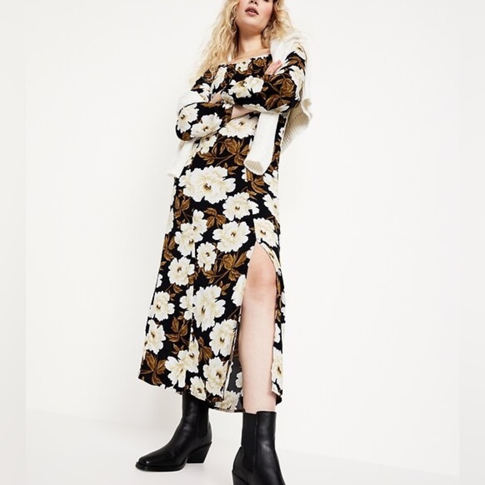 Old Navy Waist-Defined Square-Neck Maxi Dress Black JackFloral Maxi Side Slit L